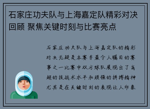 石家庄功夫队与上海嘉定队精彩对决回顾 聚焦关键时刻与比赛亮点